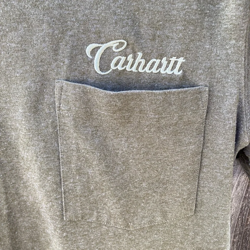 Women's Carhartt T-Shirt Green Spell-Out Cursive S Crew Cotton Pocket Cursive - Picture 3 of 12
